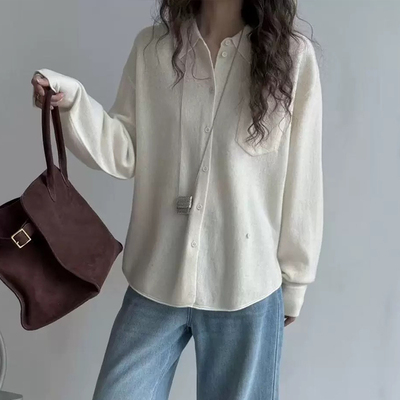 翻领中长款口袋宽松针织开衫