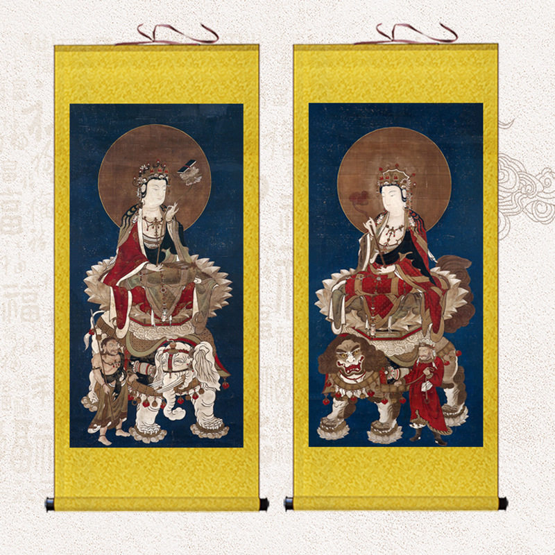 古画文殊普贤菩萨挂画华严三圣佛像居家用佛堂寺庙供奉绢布卷轴画