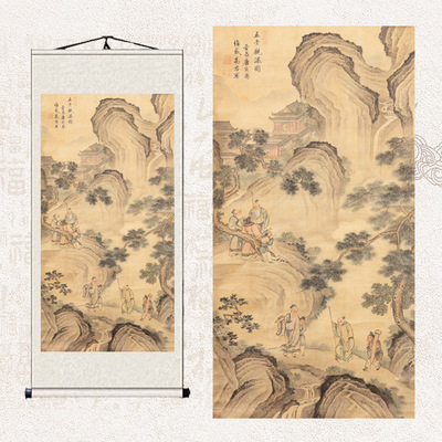 国画五老观瀑图五老天君青赤黄白黑帝挂画客厅书房茶楼卷轴装饰画