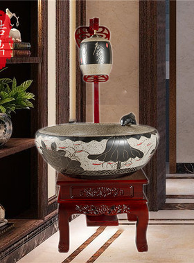 景德镇陶瓷流水鱼缸复古雕刻荷花龟缸加湿器创意家居摆件