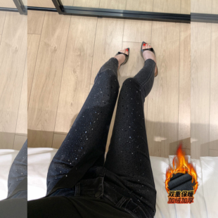 李李服饰星光闪闪烫钻重工小脚裤女2025年冬季加绒修身弹力牛仔裤
