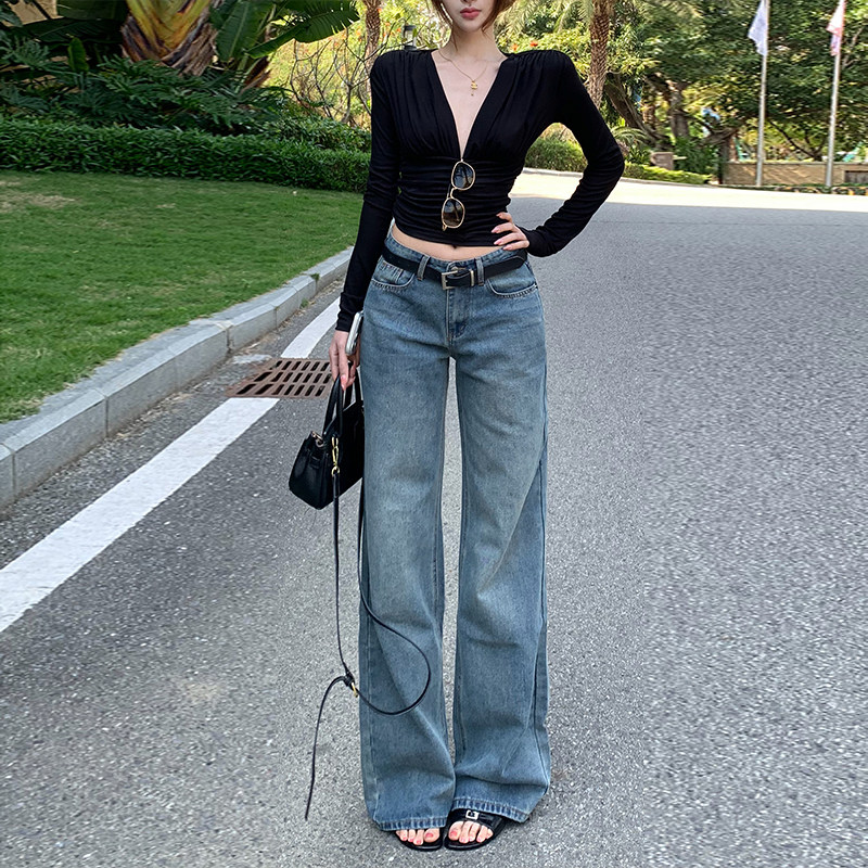李李家低腰水洗直筒裤女2026秋季显瘦复古窄版气质百搭牛仔裤