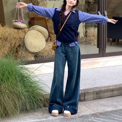 李李服饰设计感翻边带扣超阔腿牛仔裤女25冬季新款高腰显瘦拖地裤