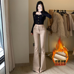双扣高腰显瘦百搭长裤 李李服饰韩漫掐腰加绒微喇牛仔裤 女2025冬季