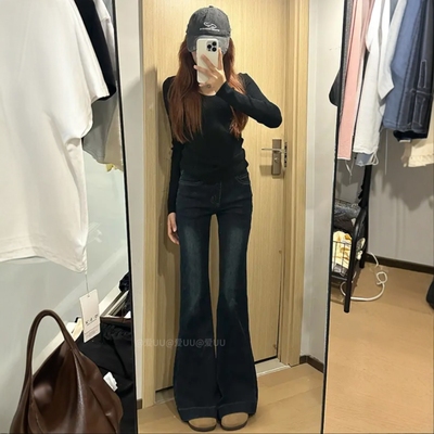 蓝灰色微喇牛仔裤女中低腰25夏季
