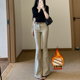 李李服饰加绒老钱风复古卡其色微喇牛仔裤 女2026dj高腰显瘦长裤