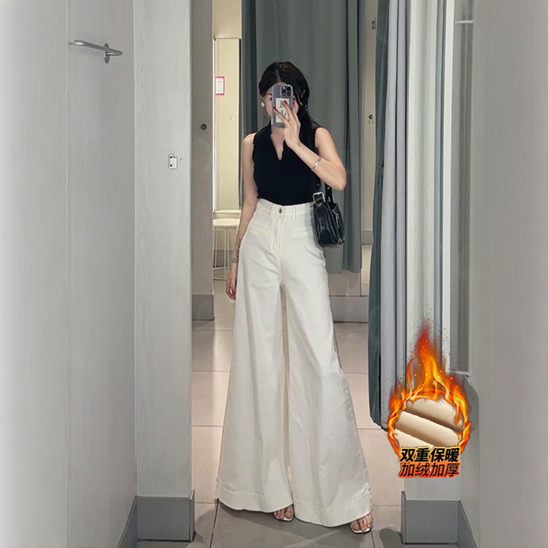 李李服饰加绒气质白色高腰阔腿牛仔裤女2025年冬季显瘦休闲拖地裤