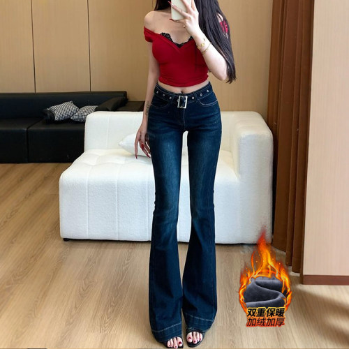 李李服饰加绒低腰紧身腰带微喇牛仔裤女2025年冬季新款显瘦喇叭裤