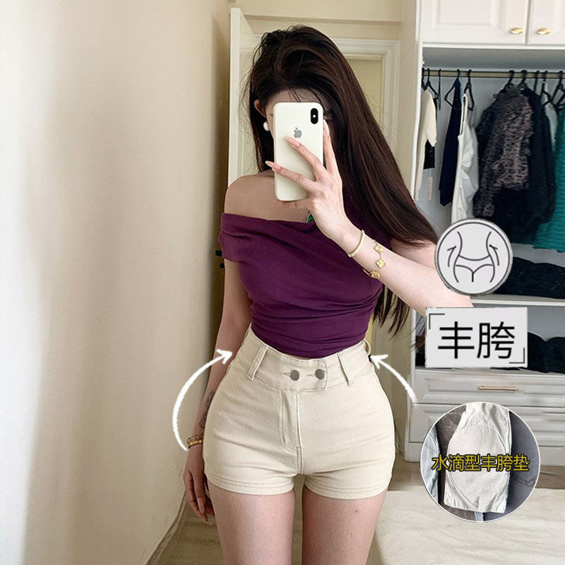 李李服饰杏色纯欲丰胯牛仔短裤女2026夏季新款高腰美胯热裤子