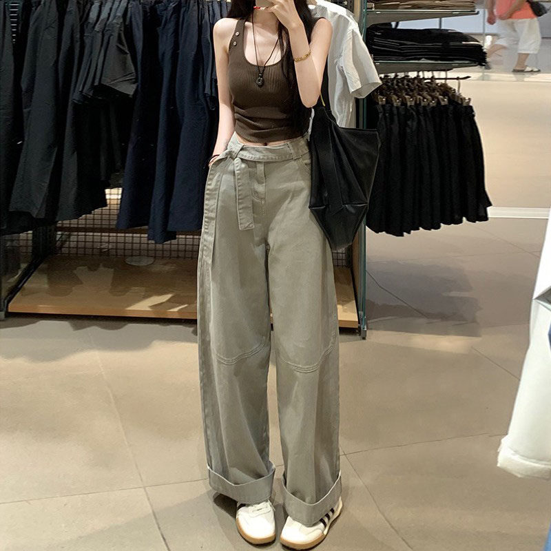 李李服饰灰绿色飘带阔腿牛仔裤女2026夏季高腰显瘦垂感拖地裤