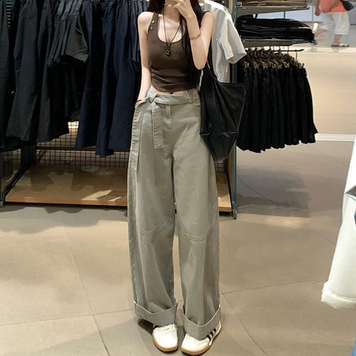 灰绿色飘带阔腿牛仔裤女