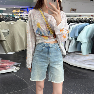 高腰休闲百搭显瘦短裤 新款 女2026夏季 李李服饰蓝色毛边五分牛仔裤