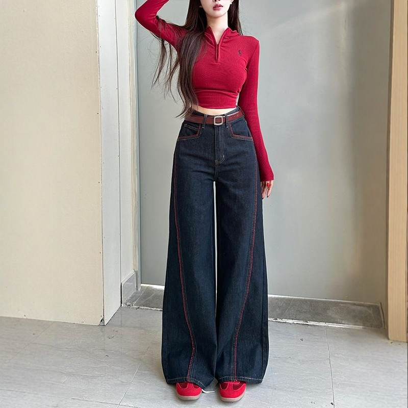 安可拉线条丹宁蓝阔腿牛仔裤女