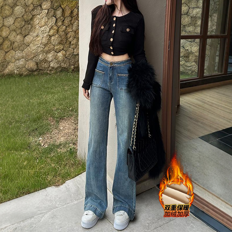李李服饰加绒小香链条直筒牛仔裤女2025年冬季新款高腰显瘦拖地裤
