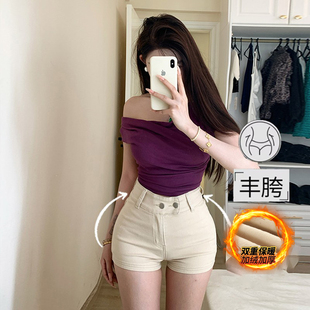 高腰美胯热裤 新款 子 女2025冬季 李李服饰杏色纯欲丰胯加绒牛仔短裤