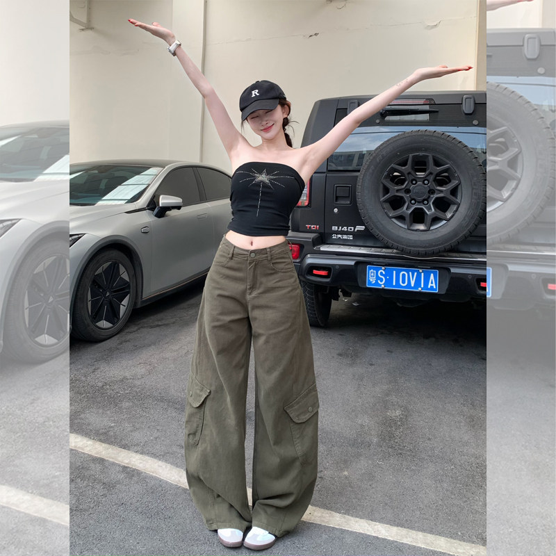 李李服饰美式复古多口袋高腰弯刀裤女2026年夏季新款拖地阔腿长裤
