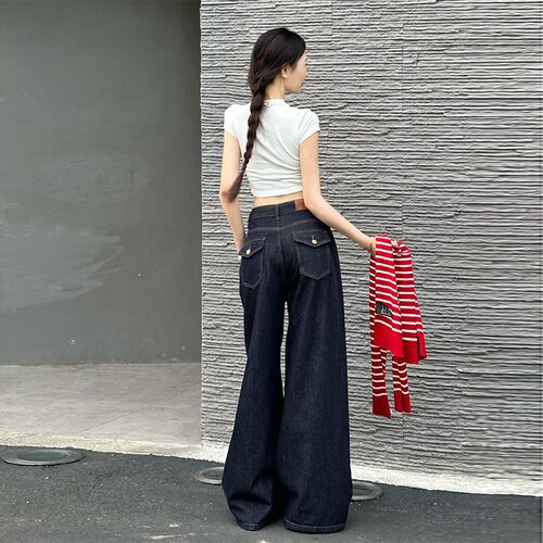李李服饰丹宁阔腿裤女2026夏季新款高腰宽松大裤脚垂感牛仔裤