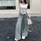 阔腿裤 宽松显瘦多口袋工装 女2026冬款 李李服饰高腰翻边蕾丝牛仔裤