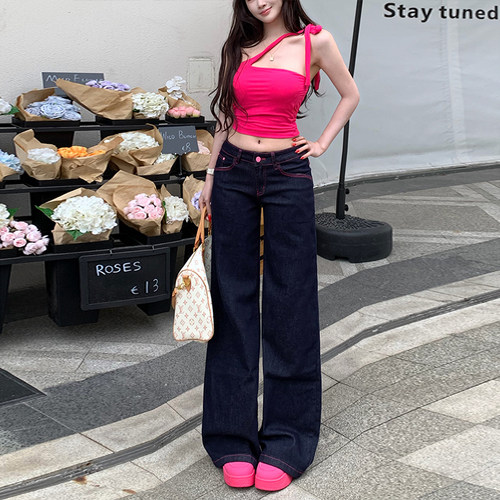 李李家粉线撞色丹宁窄版直筒裤女2026年秋季新款低腰设计感长裤
