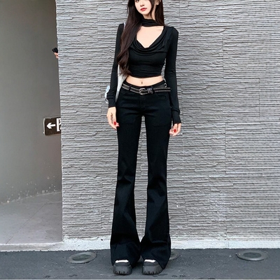 饰黑色低腰辣妹微喇牛仔裤女
