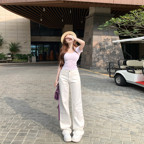 李李家白色净版窄版直筒牛仔裤女2026秋款基础高腰显瘦堆堆长裤