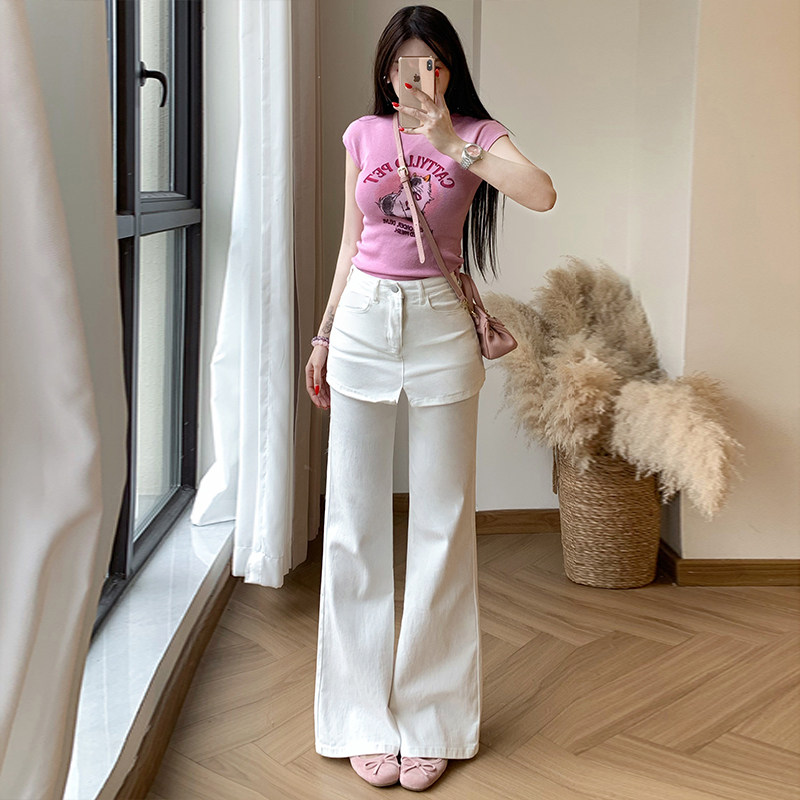 李李家白色假两件屁帘微喇牛仔裤女2026秋款高腰不贴腿休闲长裤图片