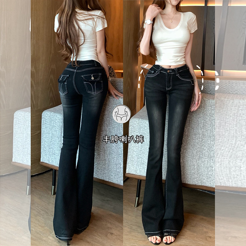 李李服饰黑色明线韩女丰胯微喇裤女2026夏季新款低腰喇叭牛仔裤