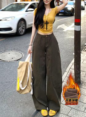 李李服饰加绒咖绿色复古弯刀阔腿裤女2026冬季新款高腰显瘦拖地裤