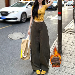 高腰显瘦拖地裤 新款 女2025冬季 李李服饰加绒咖绿色复古弯刀阔腿裤