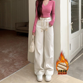 李李服饰加绒山茶花小香格纹阔腿牛仔裤 高腰长裤 女2026年冬季 新款