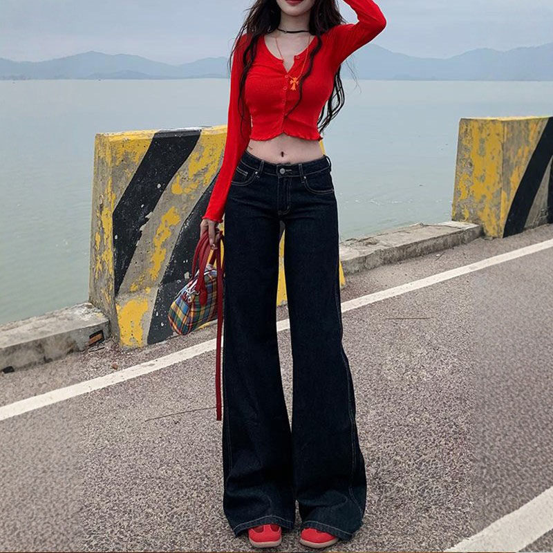 李李服饰深蓝色辣妹低腰微喇牛仔裤女26春季新款加厚不贴腿长裤子