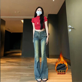 李李服饰复古喇叭加绒牛仔裤 高腰显瘦显高喇叭裤 女2026年冬季 新款