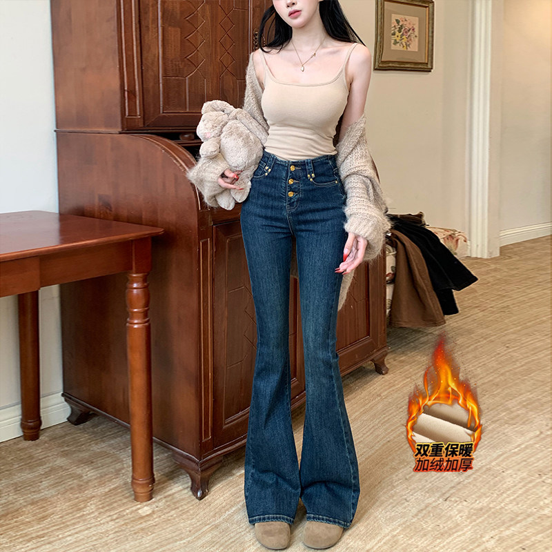 李李服饰复古排扣加绒微喇牛仔裤女2026年冬季高腰紧身显瘦超模裤,女装/女士精品,牛仔裤,淘宝优惠券,粉丝福利购,淘宝优惠卷