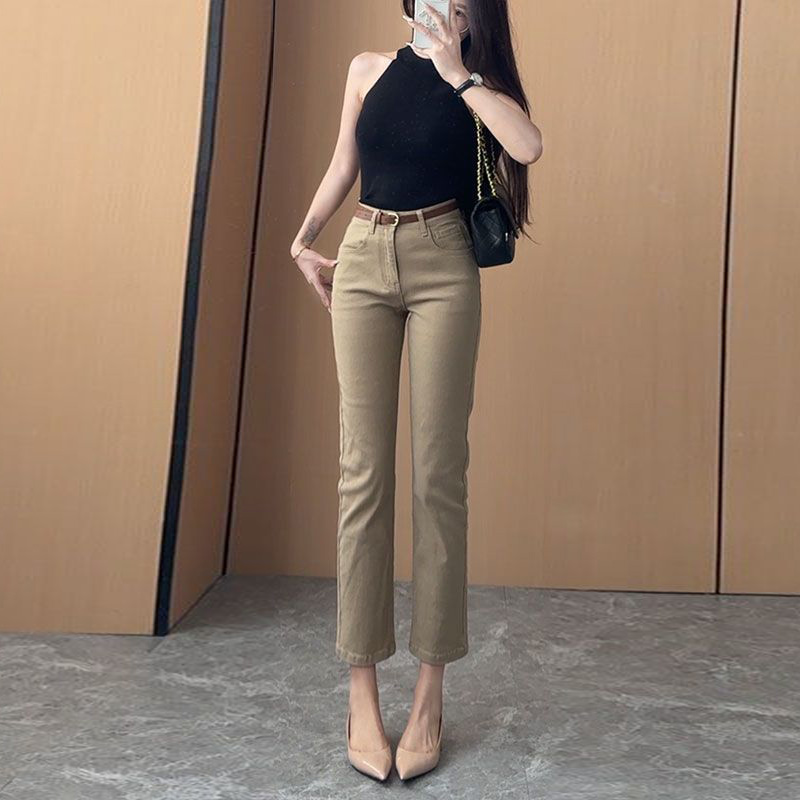 李李服饰卡其色九分直筒牛仔裤女2025夏季新款高腰弹力烟管裤