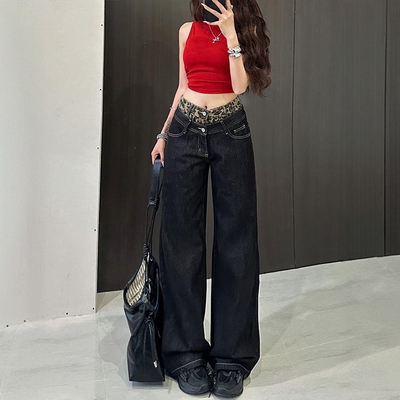 李李服饰美式高街豹纹拼接阔腿牛仔裤女2025夏季假两件宽松长裤子