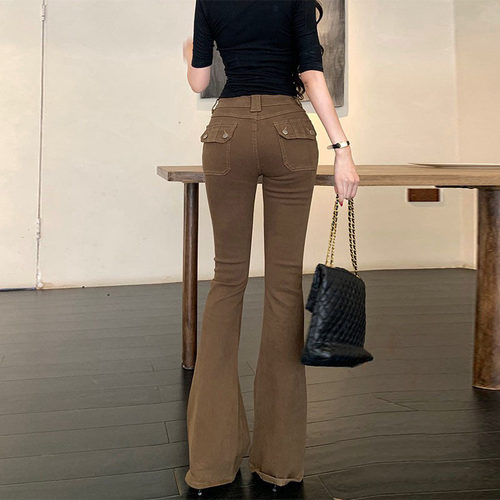 深咖色低腰微喇叭牛仔裤女