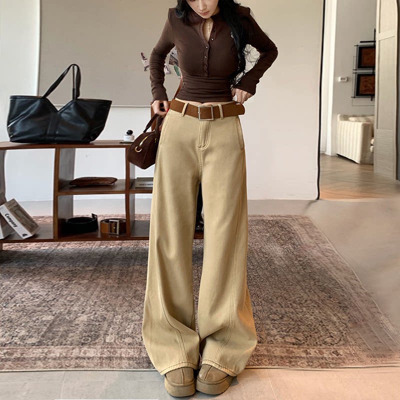 李李服饰高腰百搭阔腿牛仔裤女2026春季新款卡其显瘦慵懒长裤