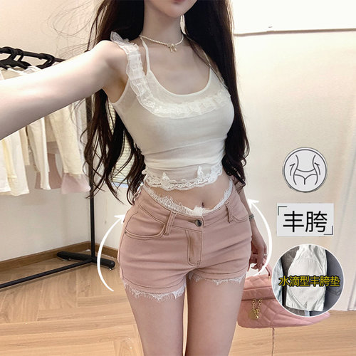 李李家V腰蕾丝花边丰胯牛仔短裤女2026夏季纯欲低腰显瘦热裤子