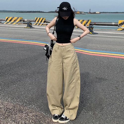 卡其色大口袋宽松阔腿牛仔裤女