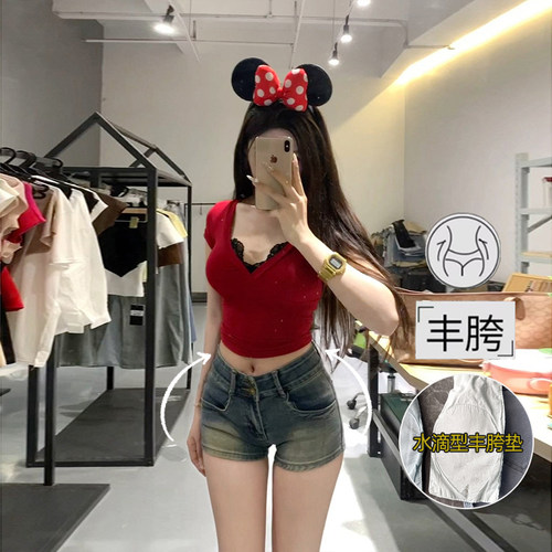 李李服饰蓝色低腰丰胯牛仔短裤女2026年夏季新款显瘦弹力超短热裤
