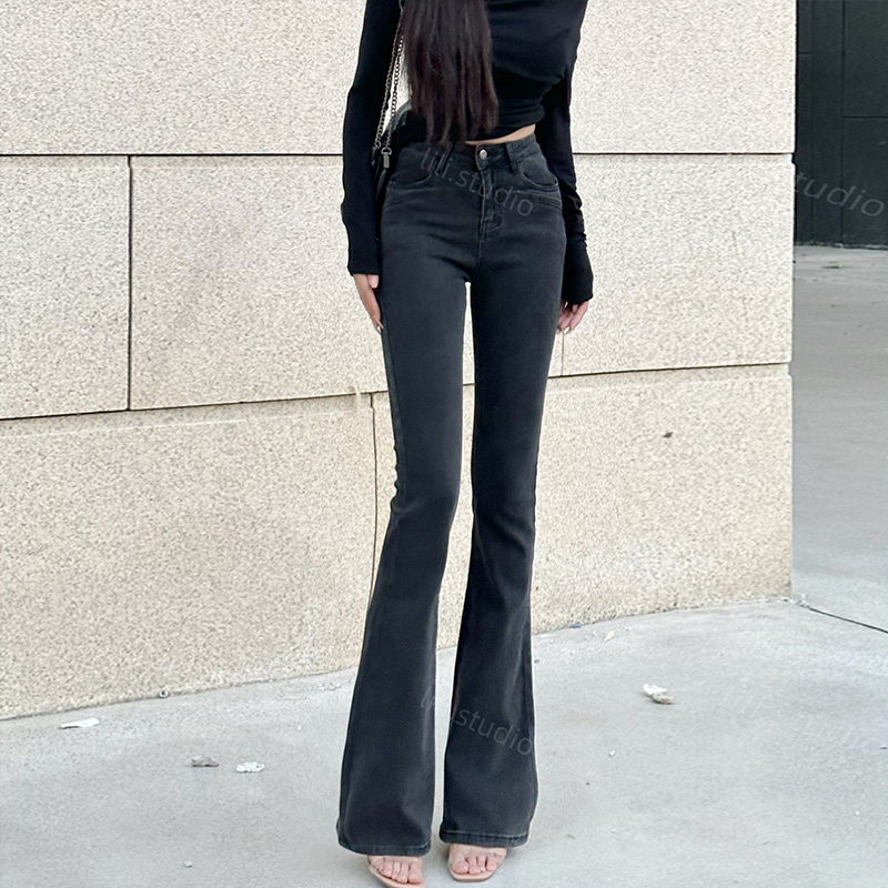 李李服饰烟灰色高腰微喇牛仔裤女2025年秋季新款百搭提臀弹力裤子