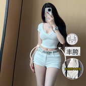 李李服饰白色侧边拉链紧身丰胯牛仔短裤 弹力显瘦裤 女2026冬季 新款