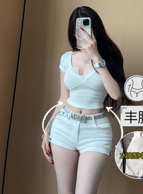 李李服饰白色侧边拉链紧身丰胯牛仔短裤女2025冬季新款弹力显瘦裤