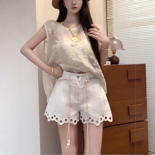 李李服饰极简镂空花边休闲牛仔短裤 女2025年夏季 高腰宽松阔腿热裤