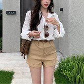 高腰百搭阔腿短裤 新款 女26春季 李李服饰简约纯色休闲牛仔短裤