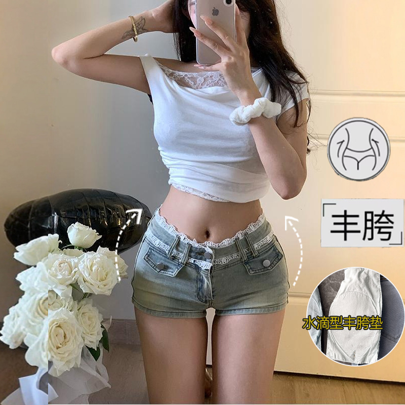 李李服饰法式蕾丝拼接丰胯牛仔短裤女2025夏季新款低腰紧身包臀裤