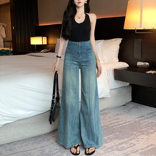 气质线条高腰阔腿牛仔裤女