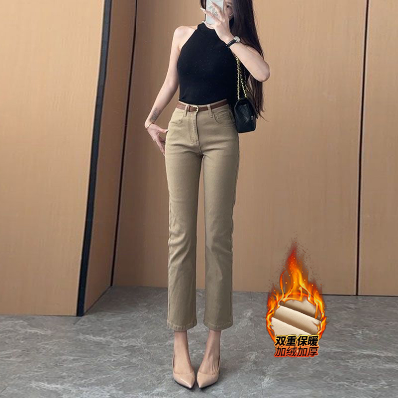 李李服饰加绒卡其色九分直筒牛仔裤女2025冬季新款高腰弹力烟管裤