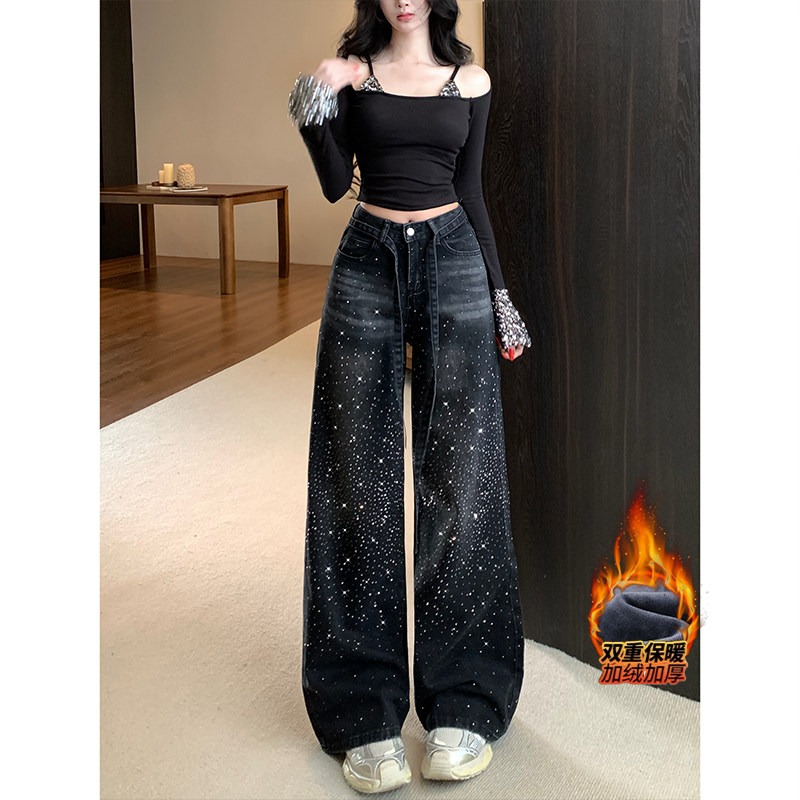 李李服饰碎落星河重工烫钻阔腿牛仔裤女2026冬季加绒高显瘦堆堆裤,女装/女士精品,牛仔裤,淘宝优惠券,粉丝福利购,淘宝优惠卷