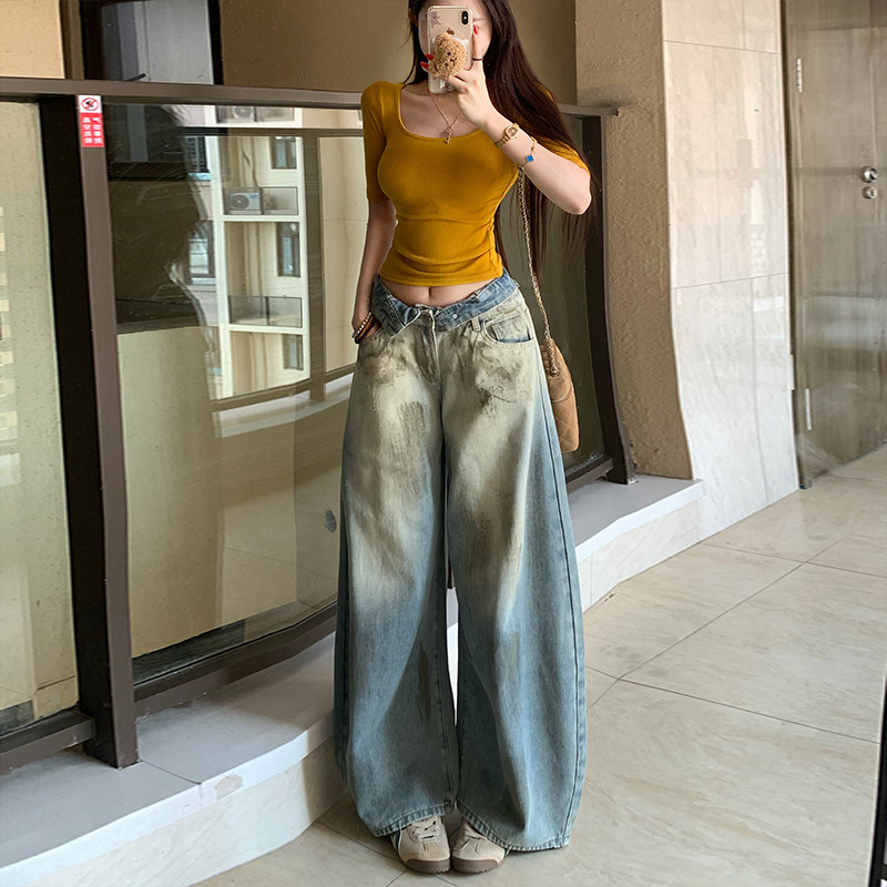 李李家脏脏牛翻腰做旧泥染阔腿裤女2026秋季新款宽松弯刀牛仔裤图片